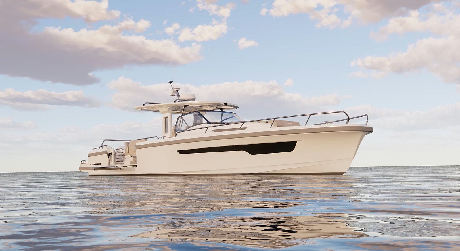 Profile view of the new T12 — the redesigned T-top and reworked superstructure give the boat a completely new presence on the water.
